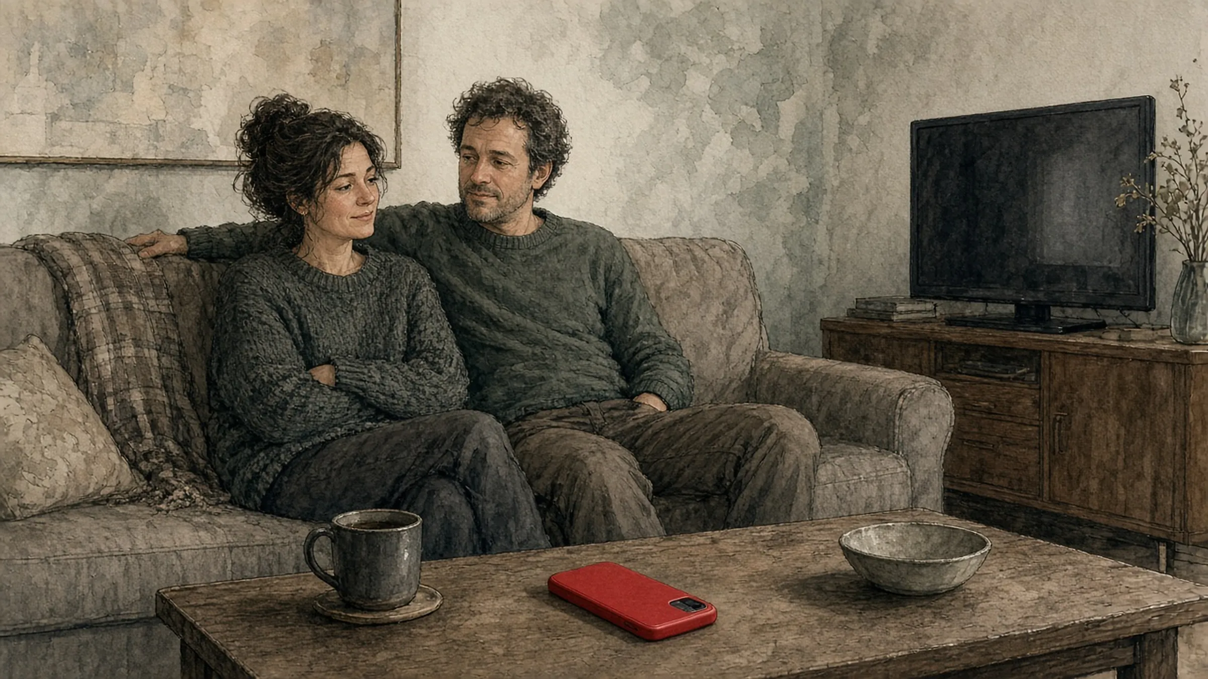A couple on a couch on a weeknight, his arm around her, the television off and a red phone face down on the table.