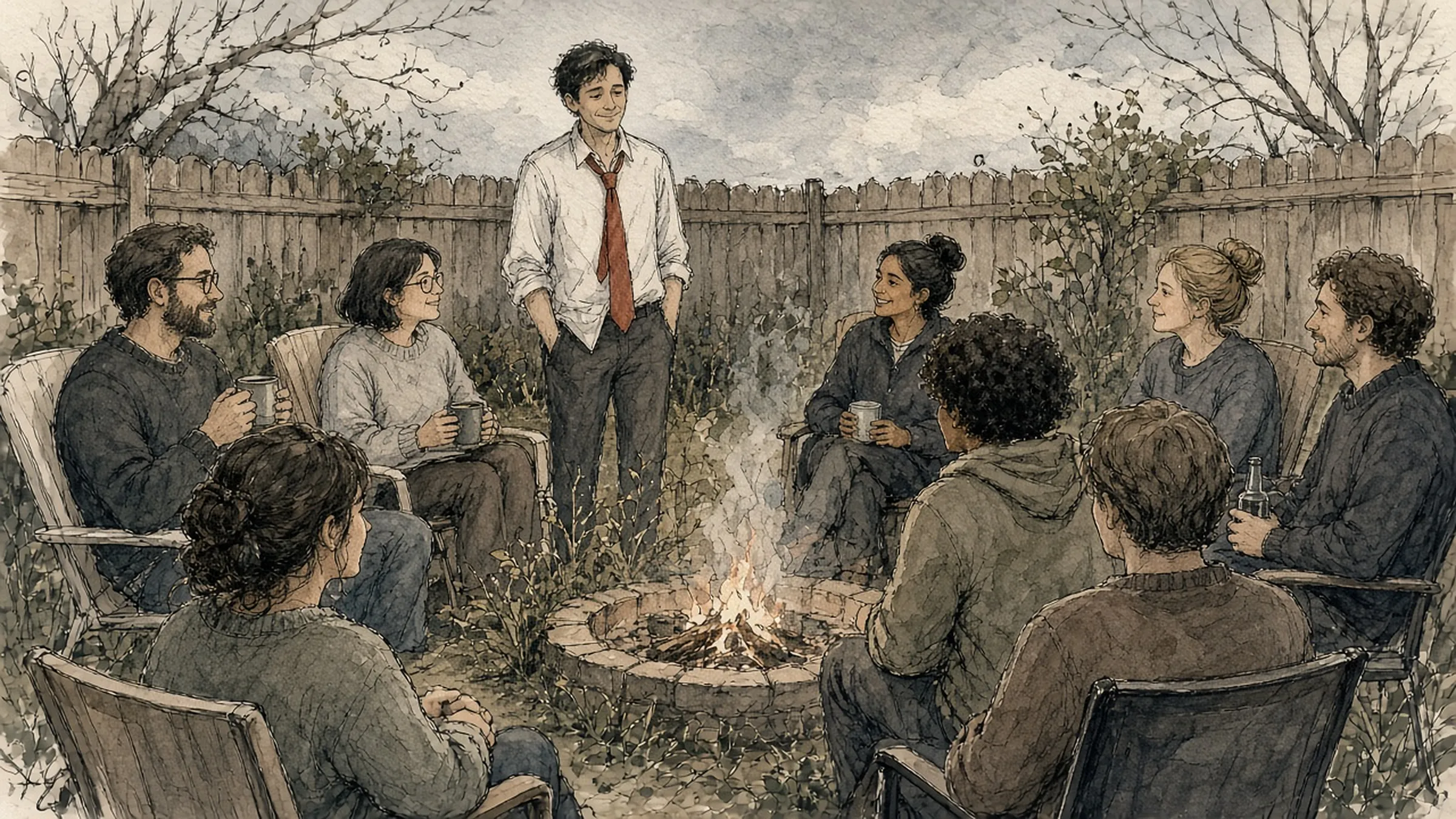 Friends in chairs around a backyard fire with mugs in their hands; one man, still in his work shirt, has loosened a red tie.