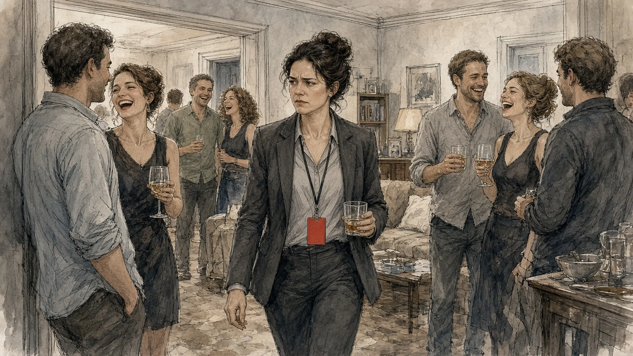 A party in a living room, people laughing with drinks, while a woman in a blazer with a red work badge walks through the middle of it without stopping.