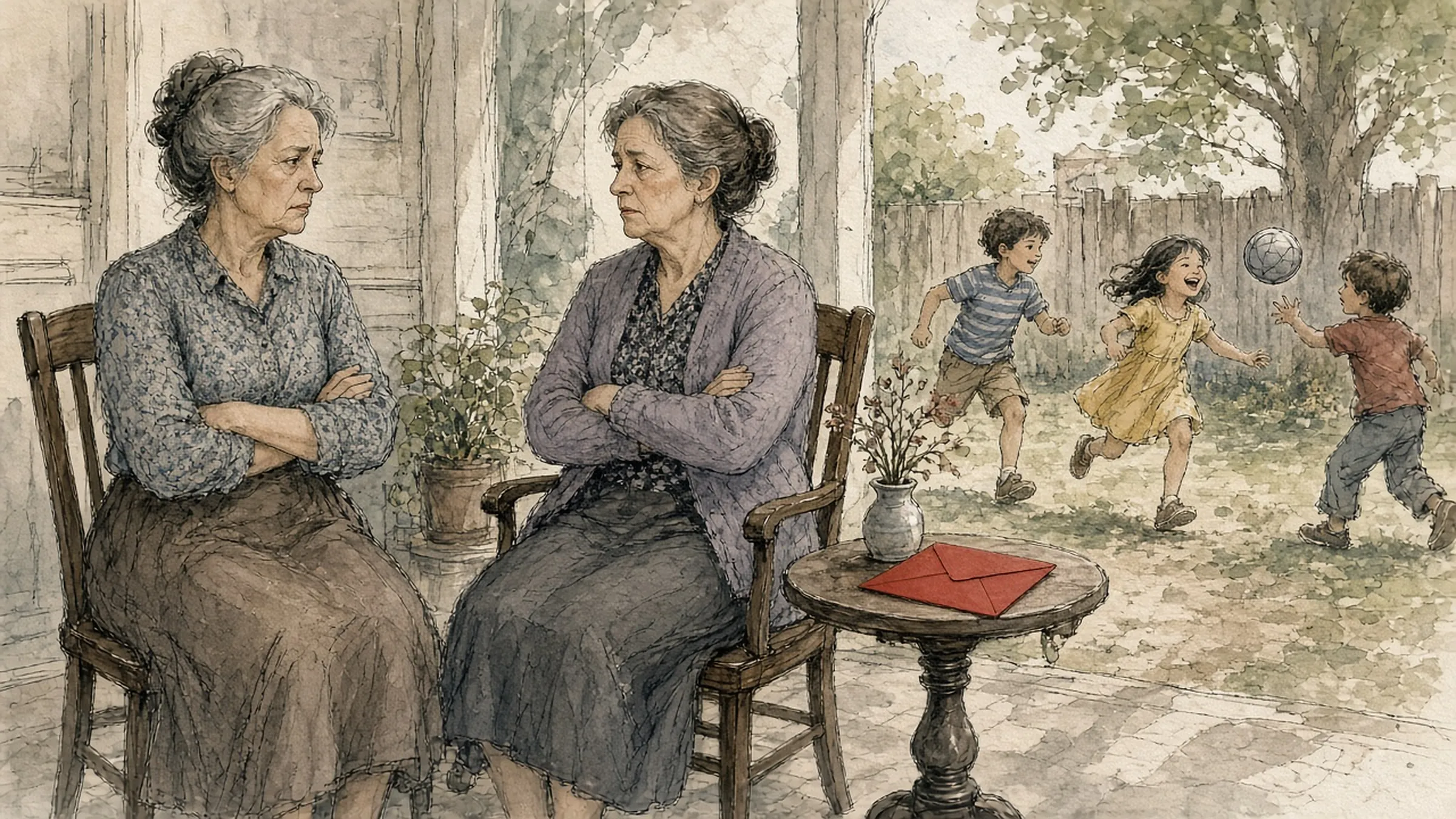 Two older women sitting with their arms crossed, a red envelope on the table beside them, while children play ball in the yard behind.