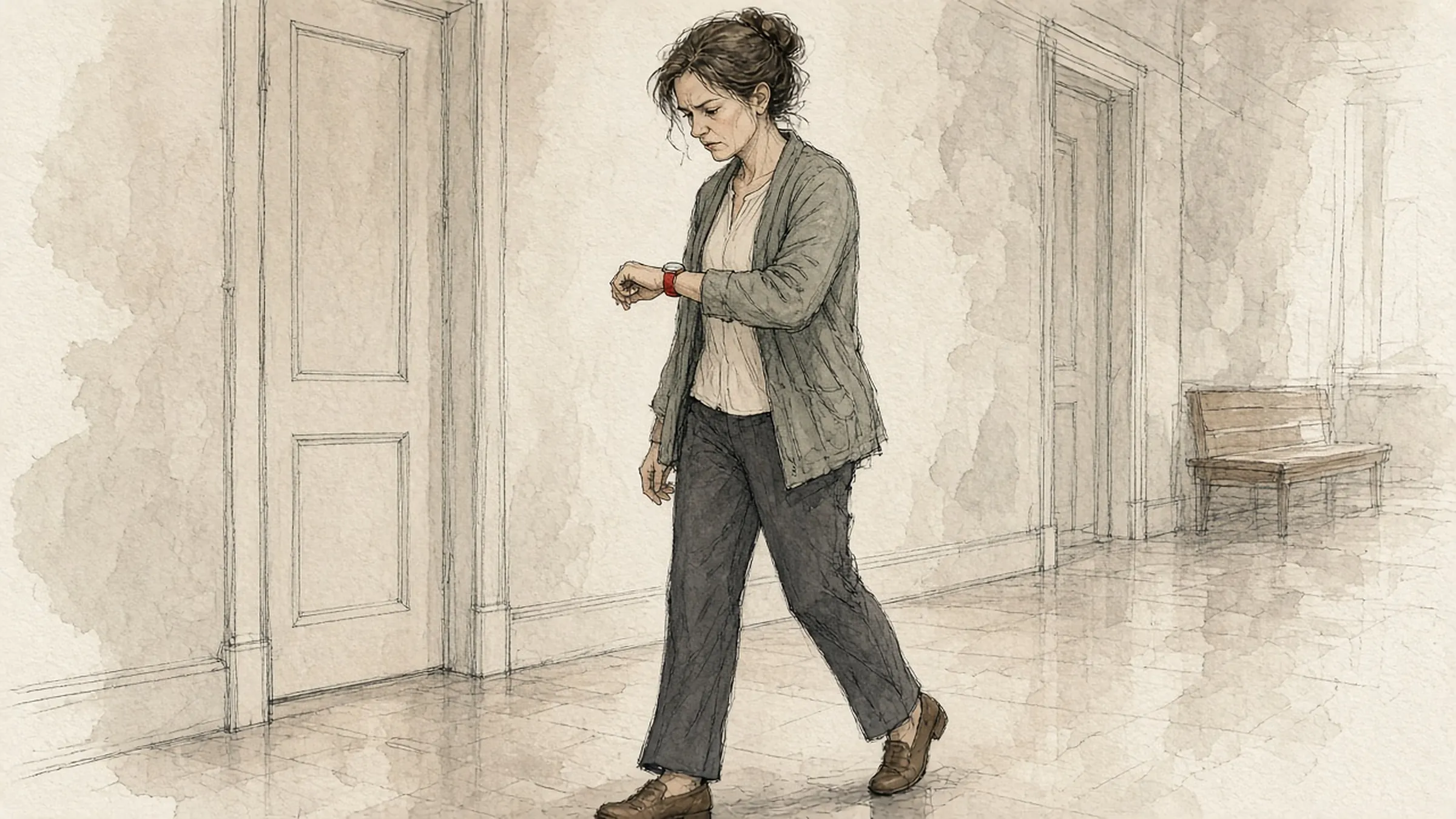 A woman walking fast down an empty hallway, checking her watch.