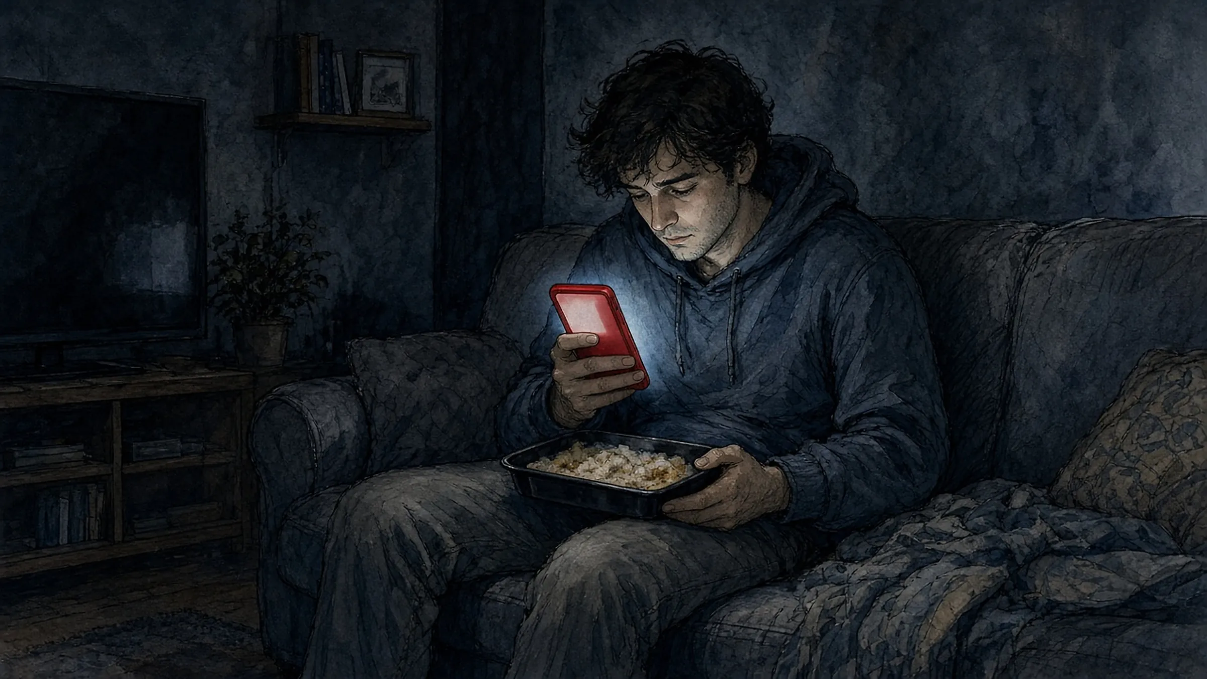 A young man alone on a couch in a dark room, eating from a tray, his face lit by a red phone.