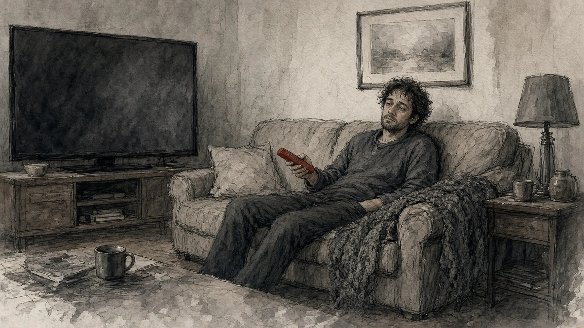 A man slumped on a couch in front of a television that is off, a red remote in his hand.