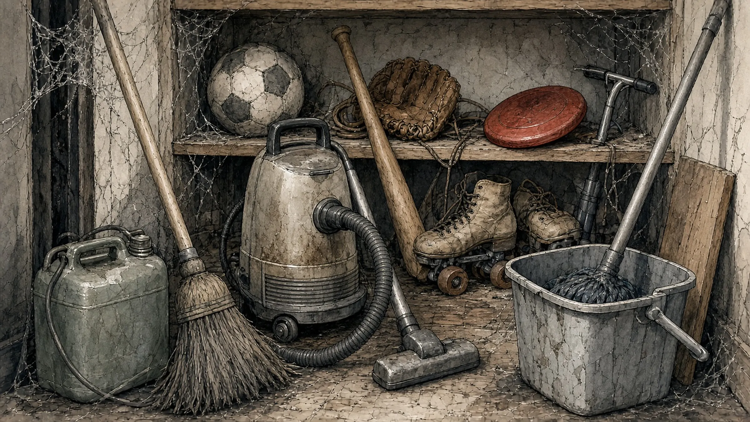 A ball, a glove, a red flying disc and roller skates on a shelf, pushed behind a vacuum, a broom and a mop bucket.