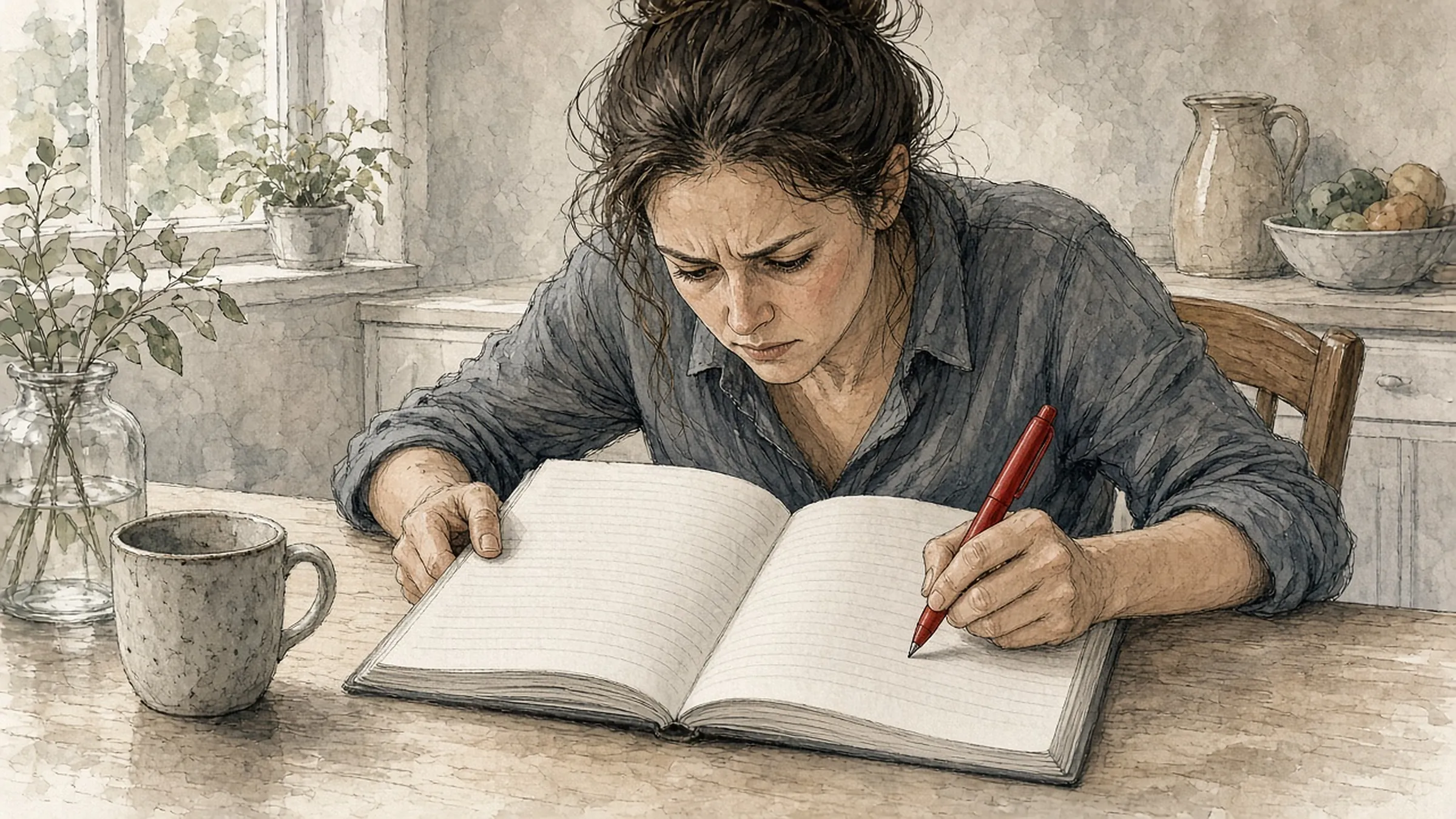 A woman bent over a planner, writing hard with a red pen.
