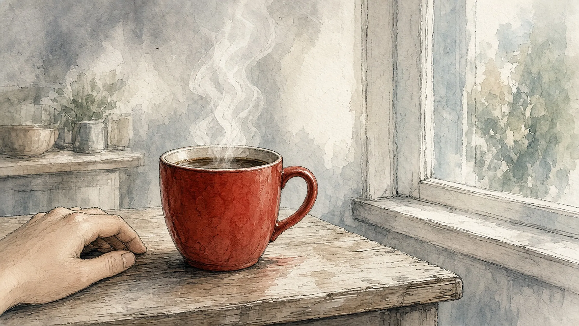 A hand resting beside a red mug of coffee on a table by a window, steam rising off it.