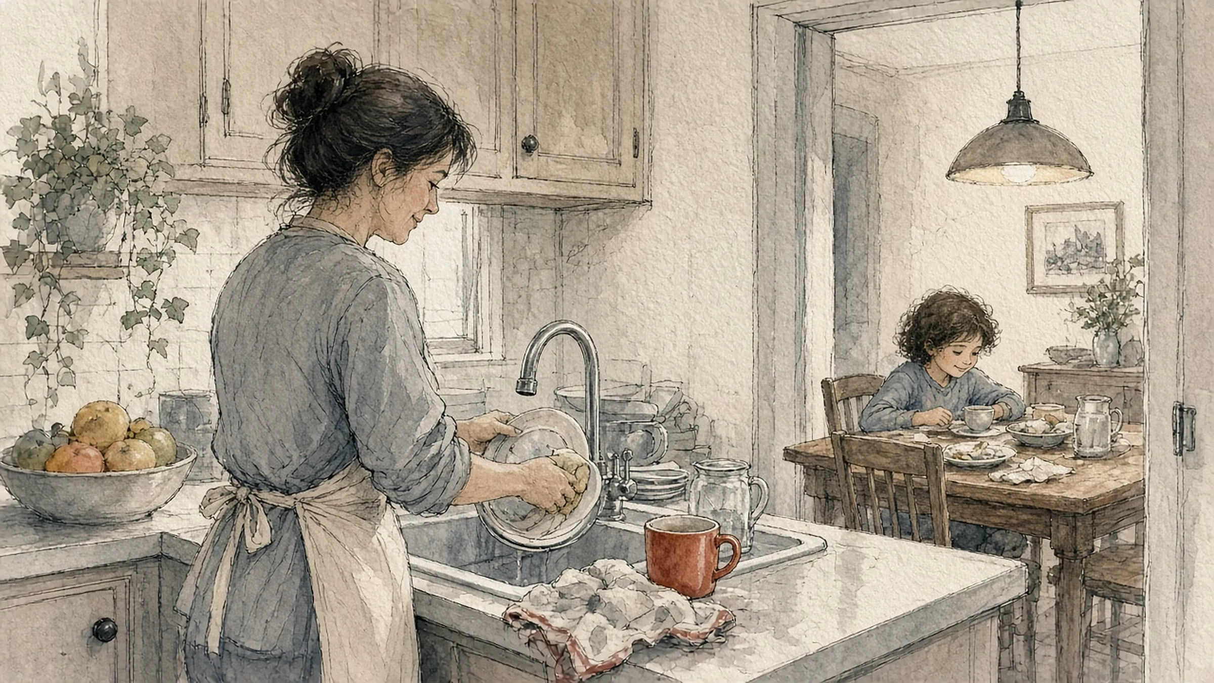A woman washing up after a meal while her daughter finishes at the table through the doorway behind her.