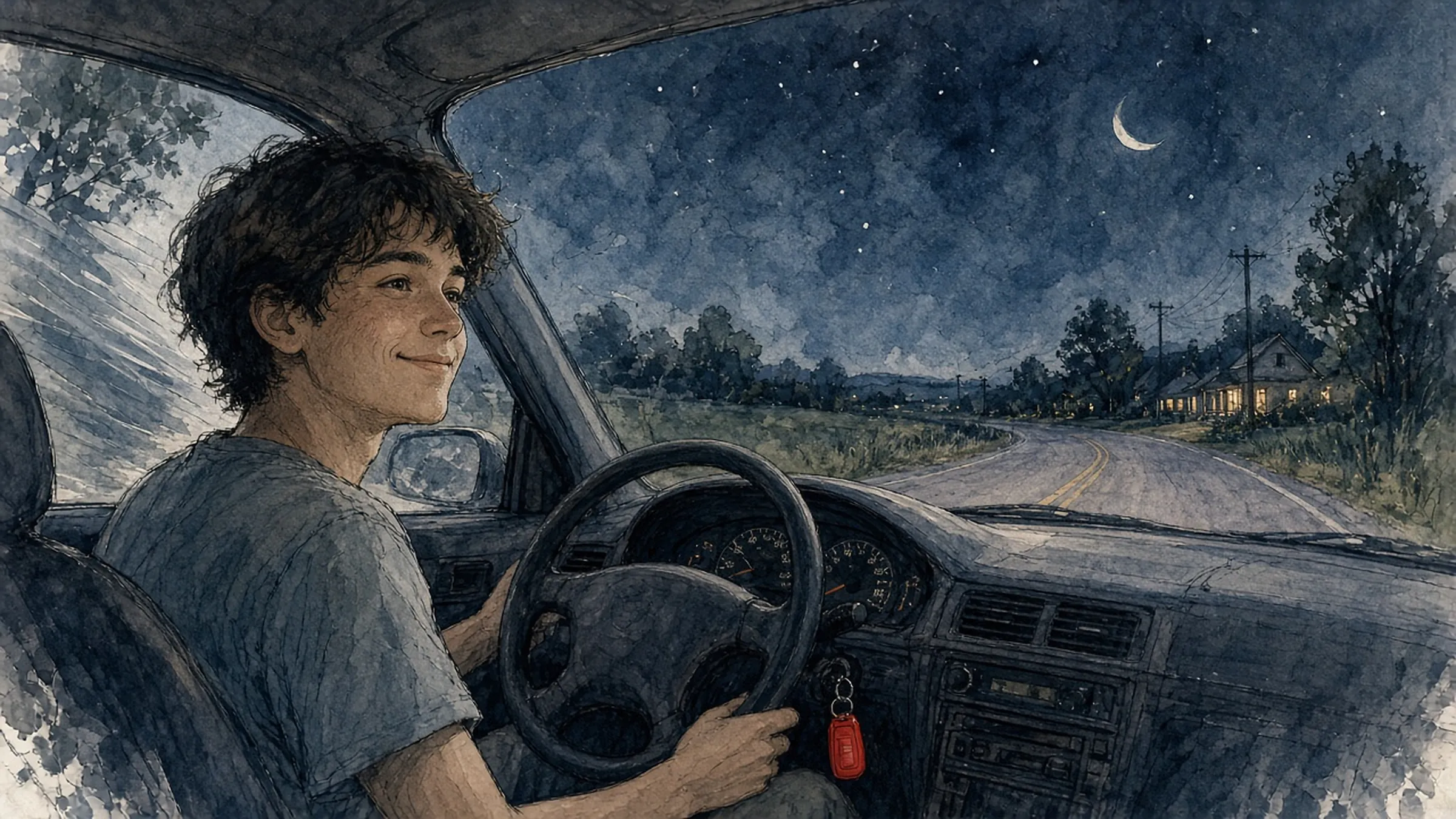 A teenager driving at night with the window down, smiling at the road ahead, a red key fob hanging from the ignition.