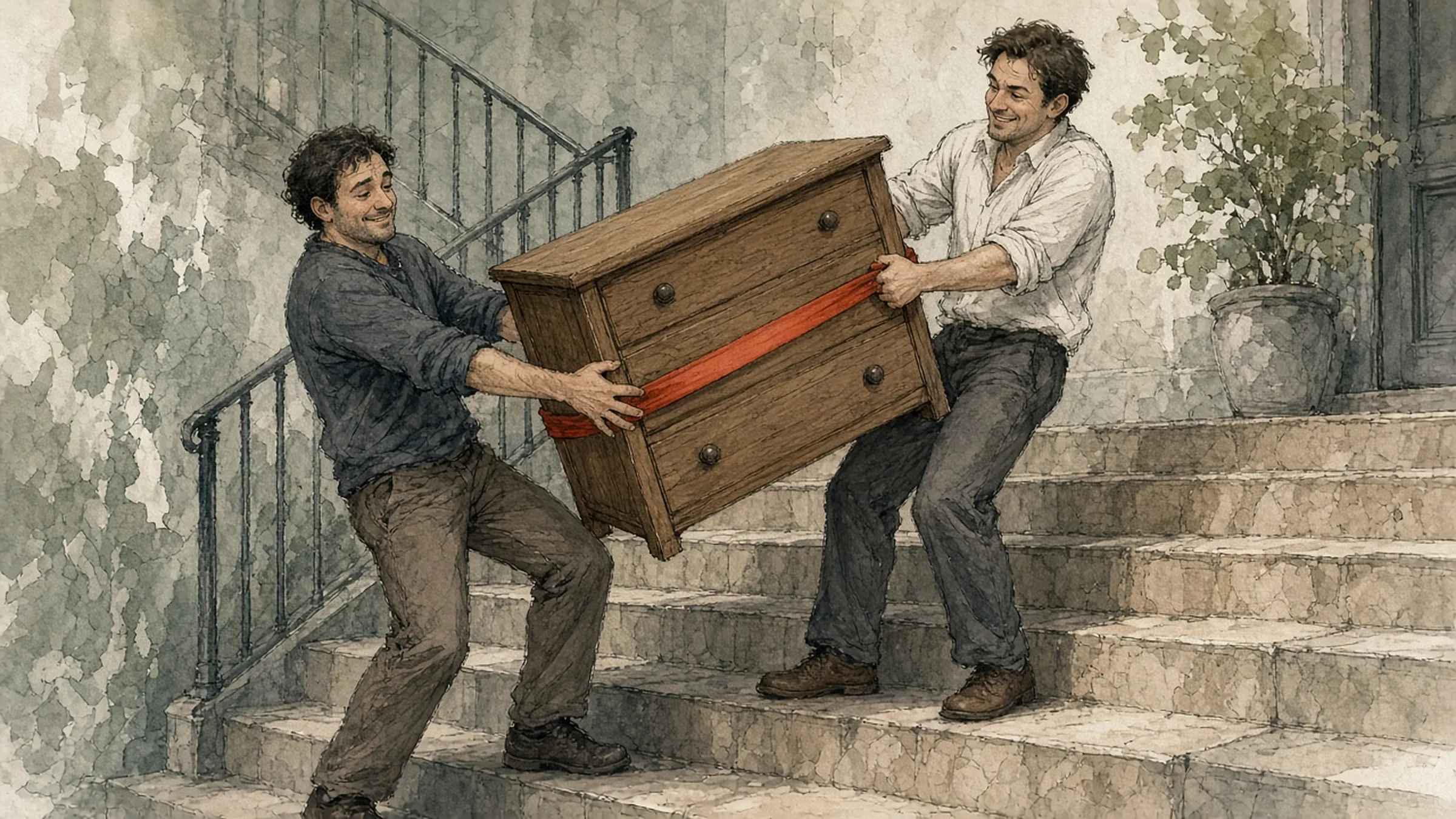 Two men carrying a wooden dresser up a flight of steps, a red strap around it.