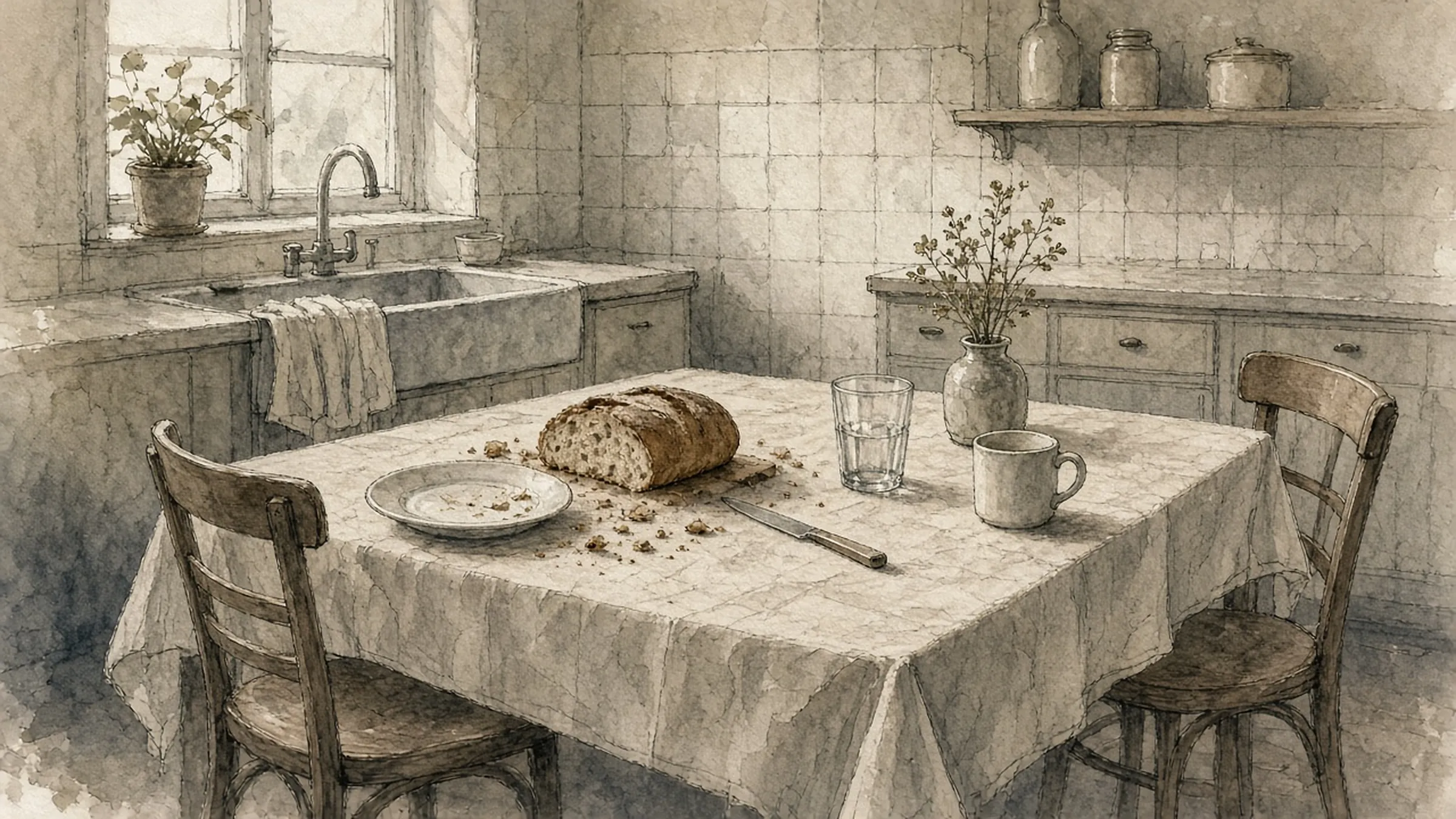 A kitchen table after a meal, a loaf of bread and crumbs on the cloth, the chairs pushed back.