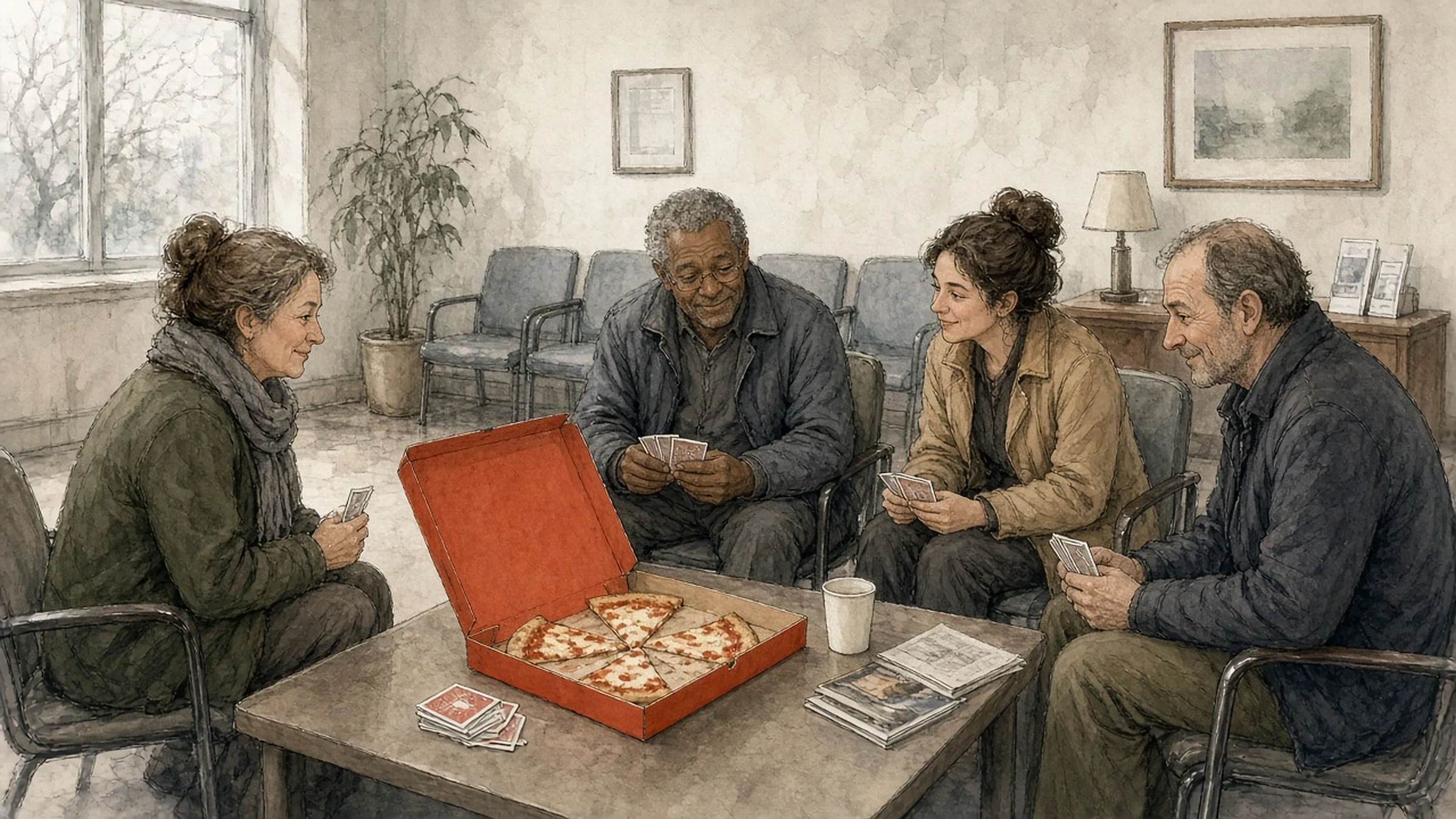 Four people in a waiting room playing cards around an open red pizza box.